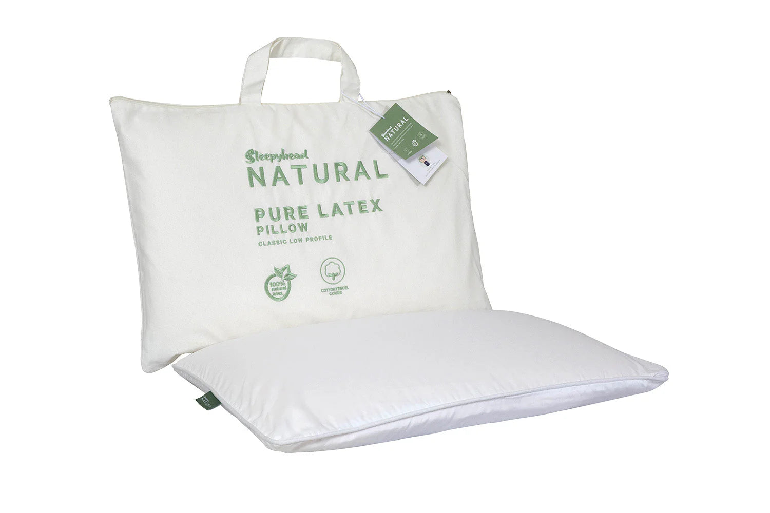 White Sleepyhead latex pillow with a green tag on a white background
