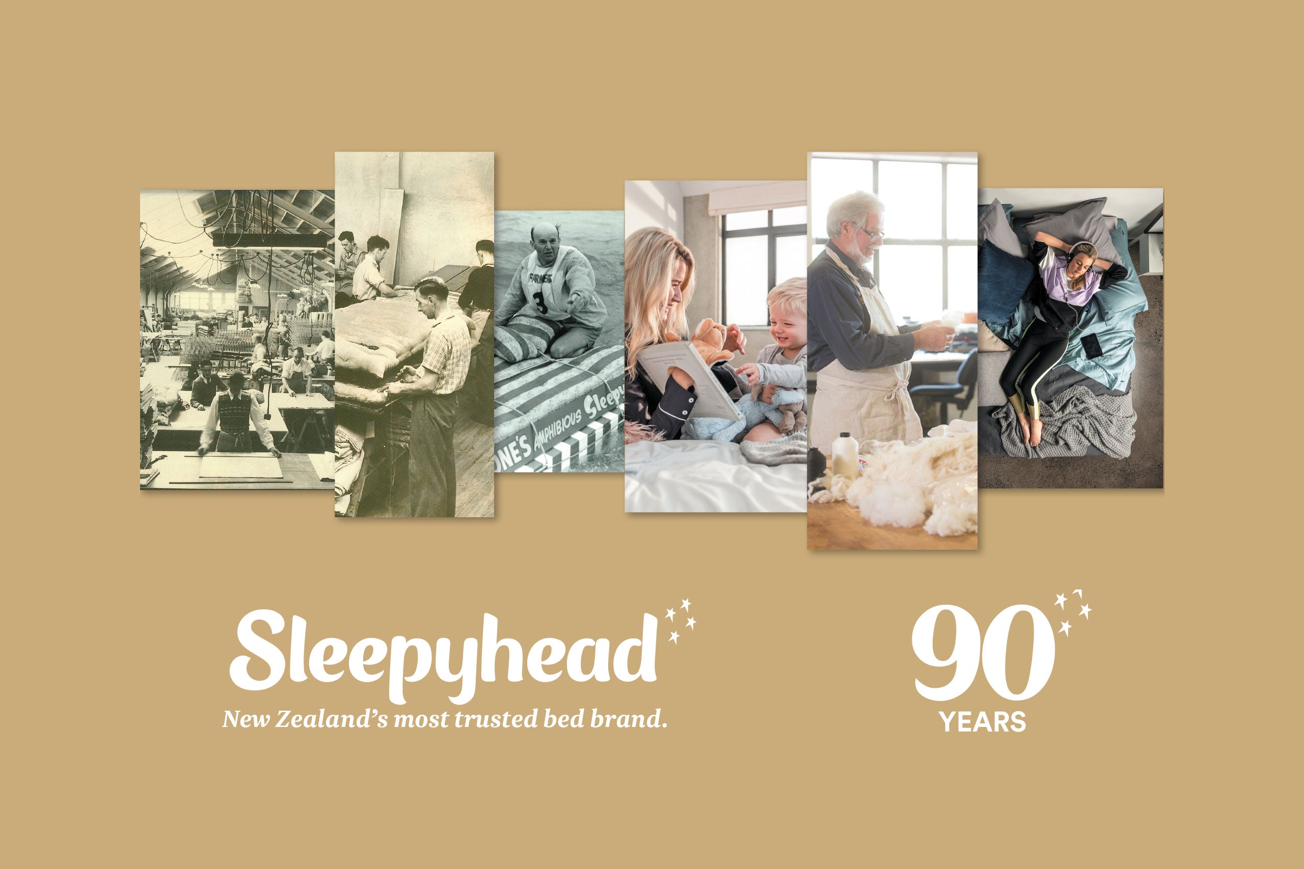 Collage of images with 'Sleepyhead' branding and 90 Year text on a beige background
