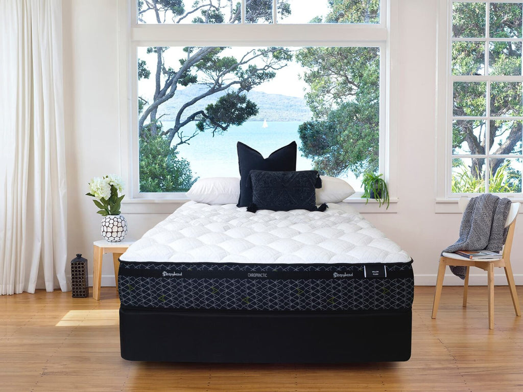 Sleepyhead Chiropractic bed with black and white mattress in a room with large windows and plants.