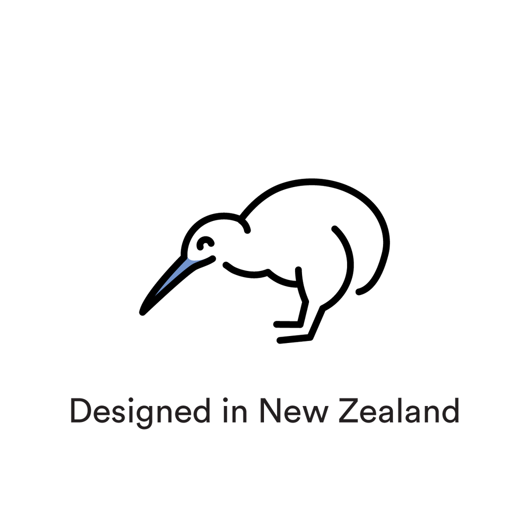 Black line drawing of a kiwi bird with 'Designed in New Zealand' text below on a white background