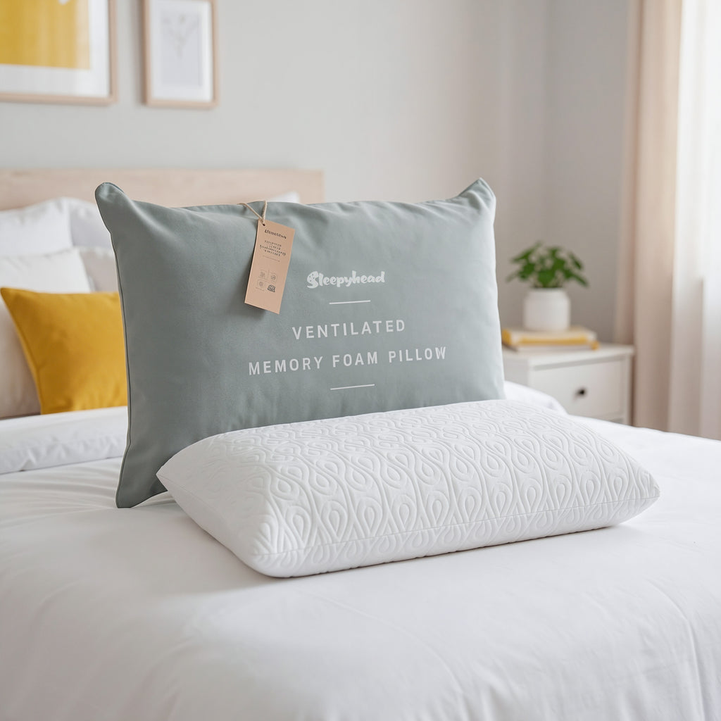Gray Sleepyhead ventilated memory foam pillow packaging with a tag on a bed in a bedroom setting