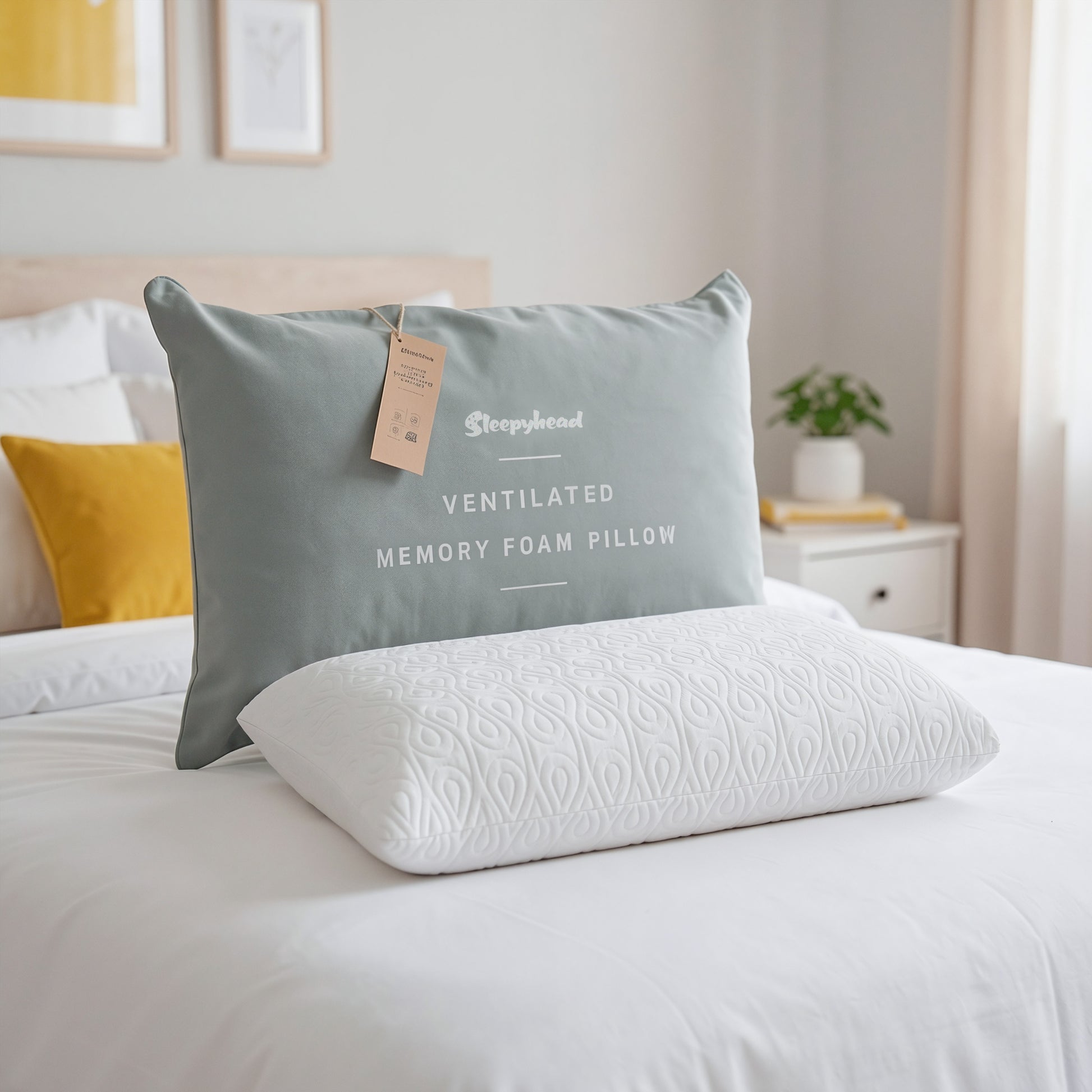 Gray Sleepyhead ventilated memory foam pillow packaging with a tag on a bed in a bedroom setting