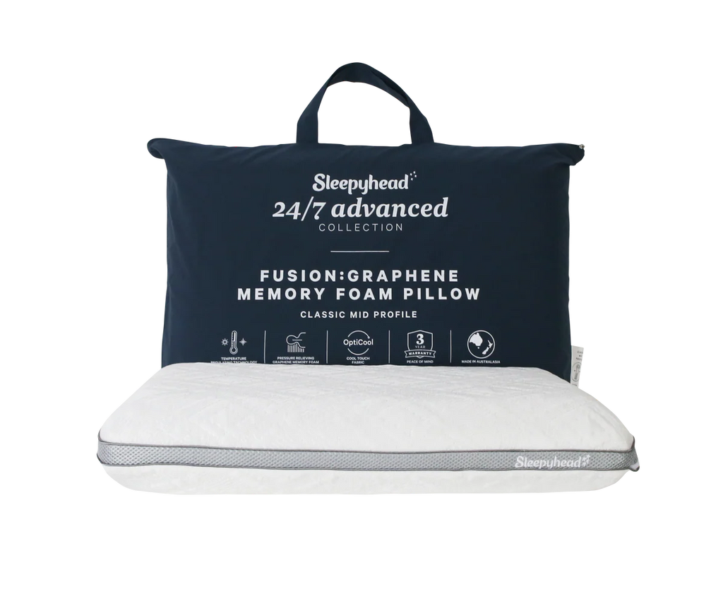 Sleepyhead FusionGraphene memory foam pillow with packaging on a white background