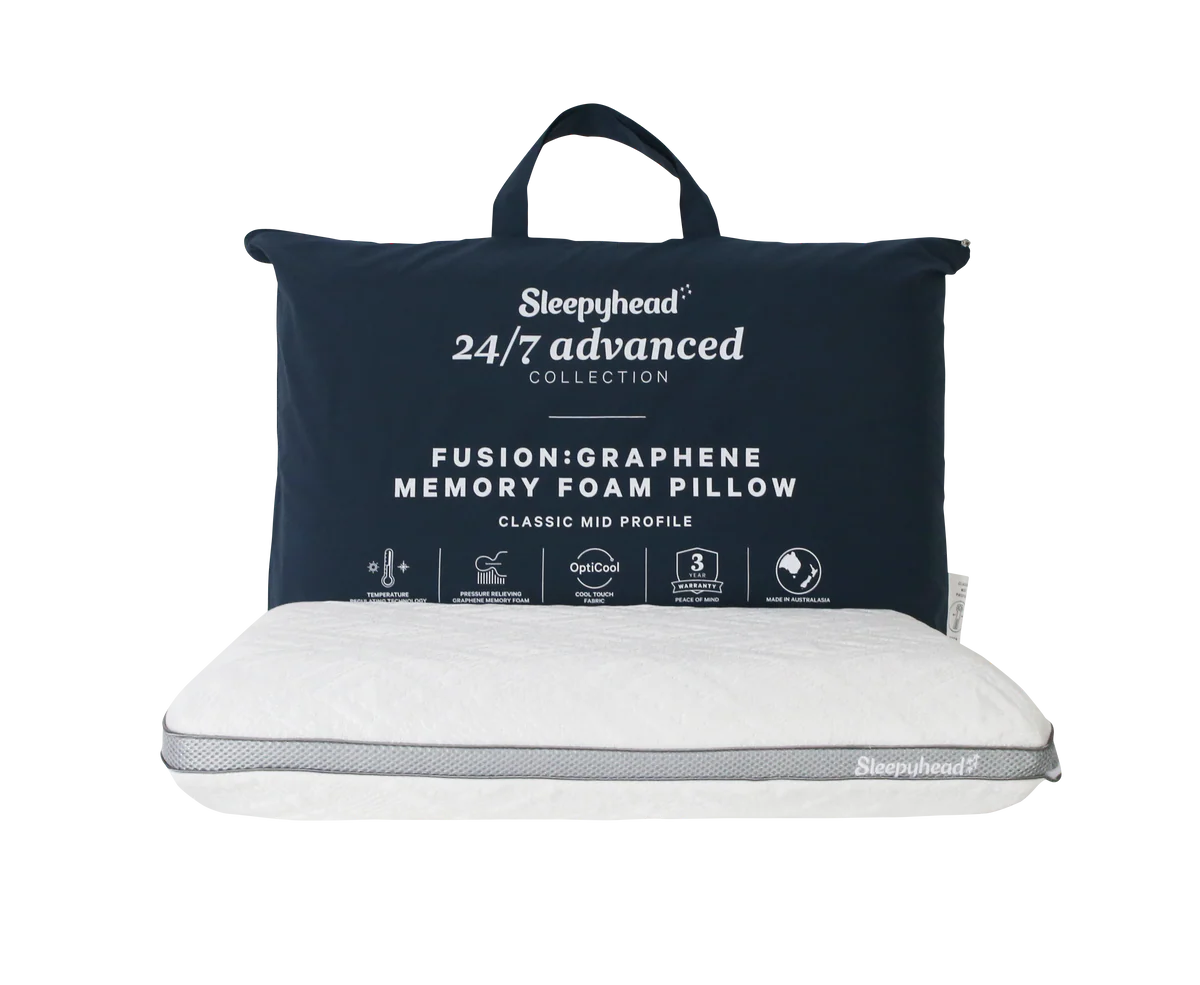 Sleepyhead FusionGraphene memory foam pillow with packaging on a white background