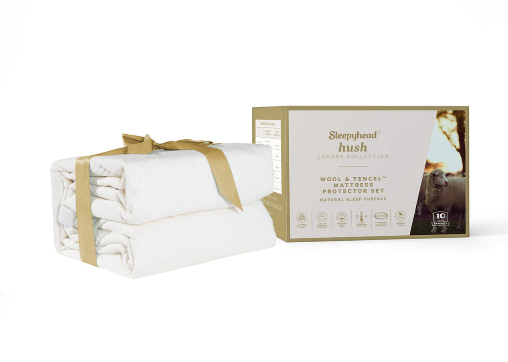Sleepyhead Hush Wool and Tencel mattress protector set with packaging on a white background