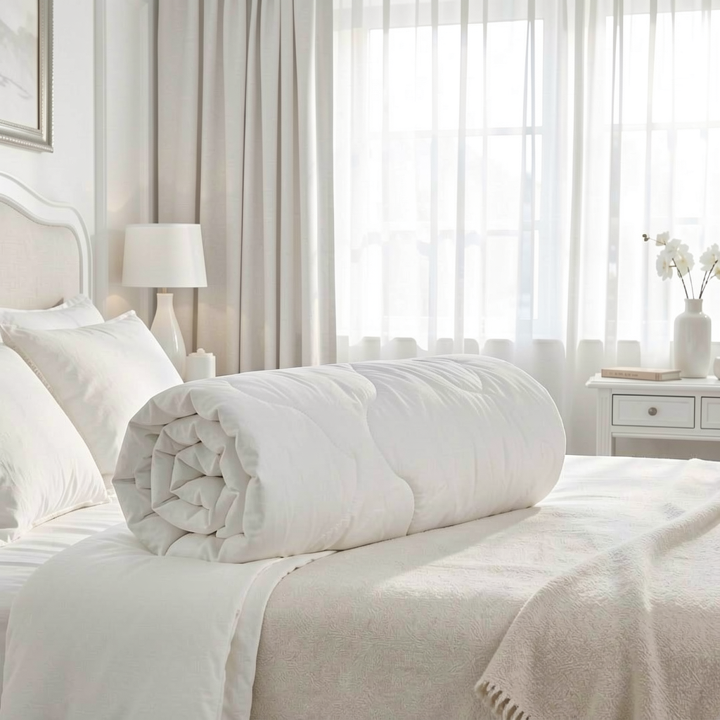 White Sleepyhead Hush duvet on a bed in a bright bedroom with light curtains.