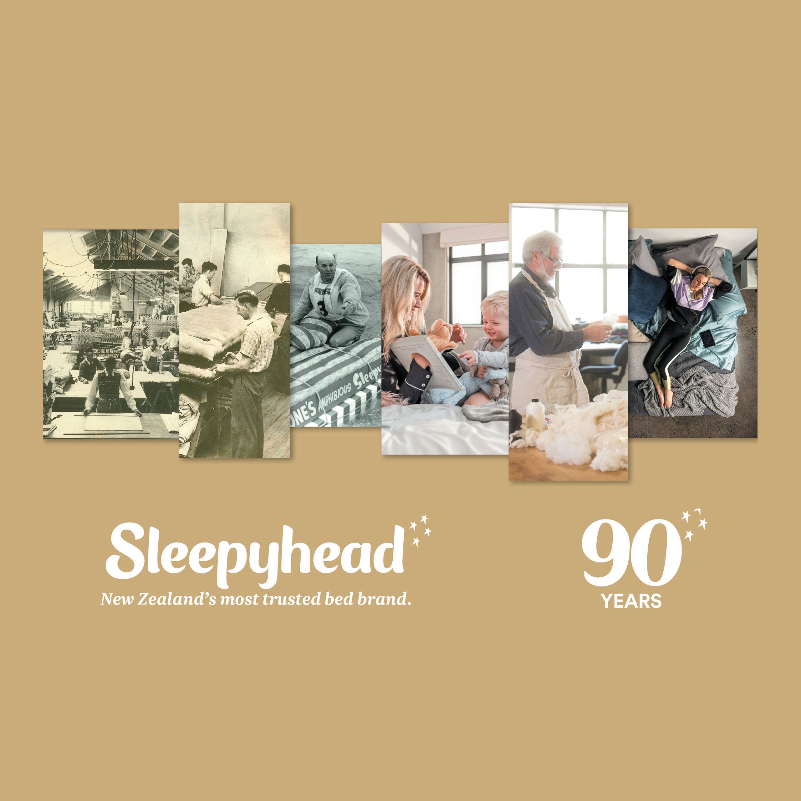 Collage of historical images with 'Sleepyhead 90 Years' branding and text on a beige background.