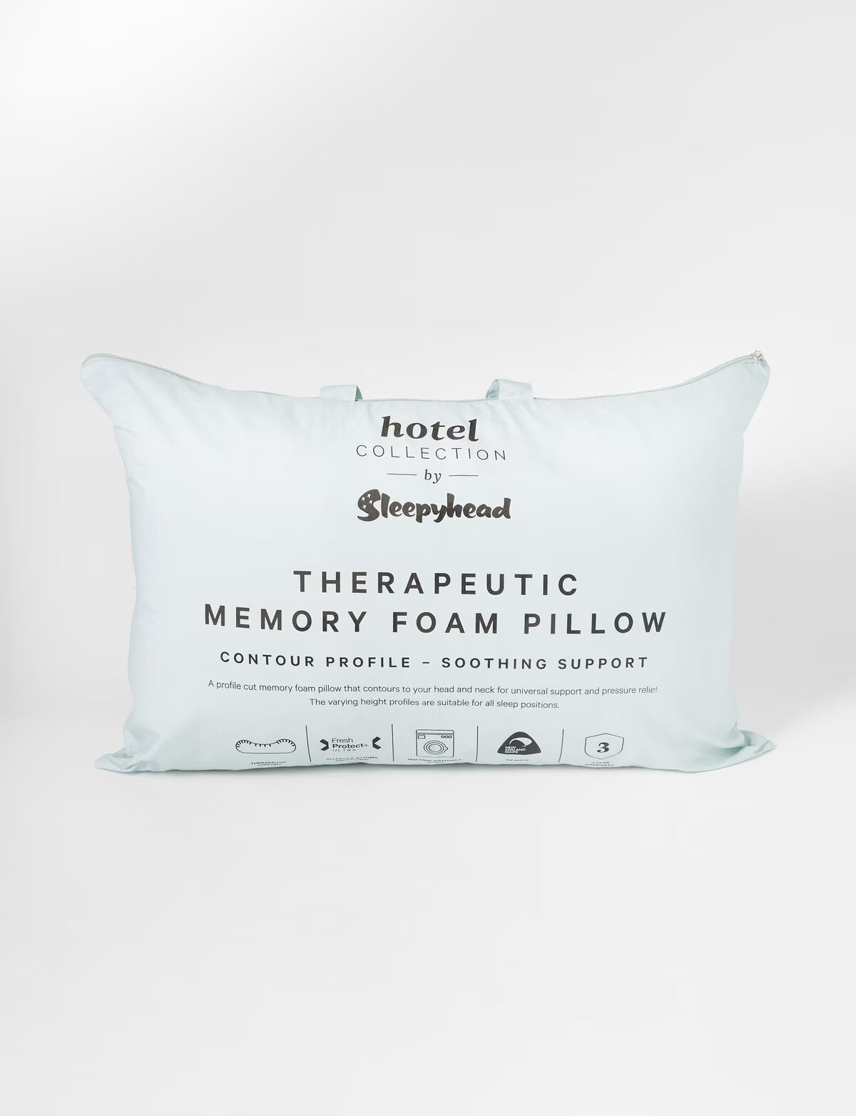 Memory foam pillow with 'Sleepyhead' branding on a white background