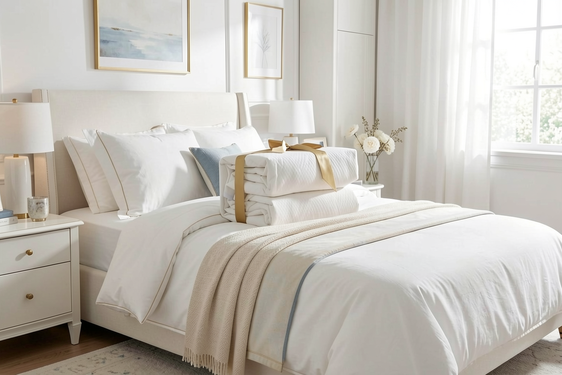 Neatly made bed with a folded Sleepyhead Hush Mattress Protector, white bedding and beige throw in a bright bedroom.