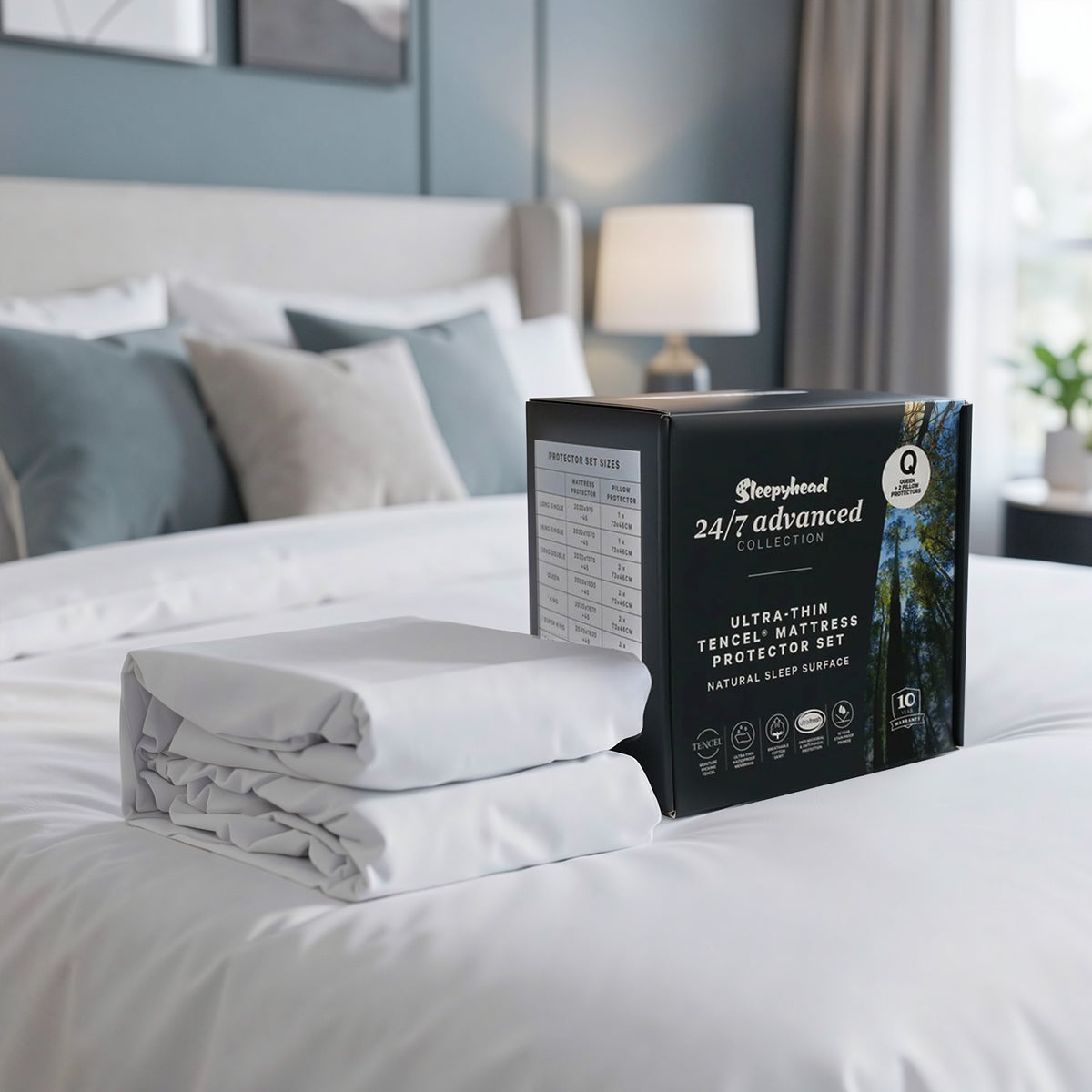 Sleepyhead mattress protector set packaging on a bed in a bedroom setting