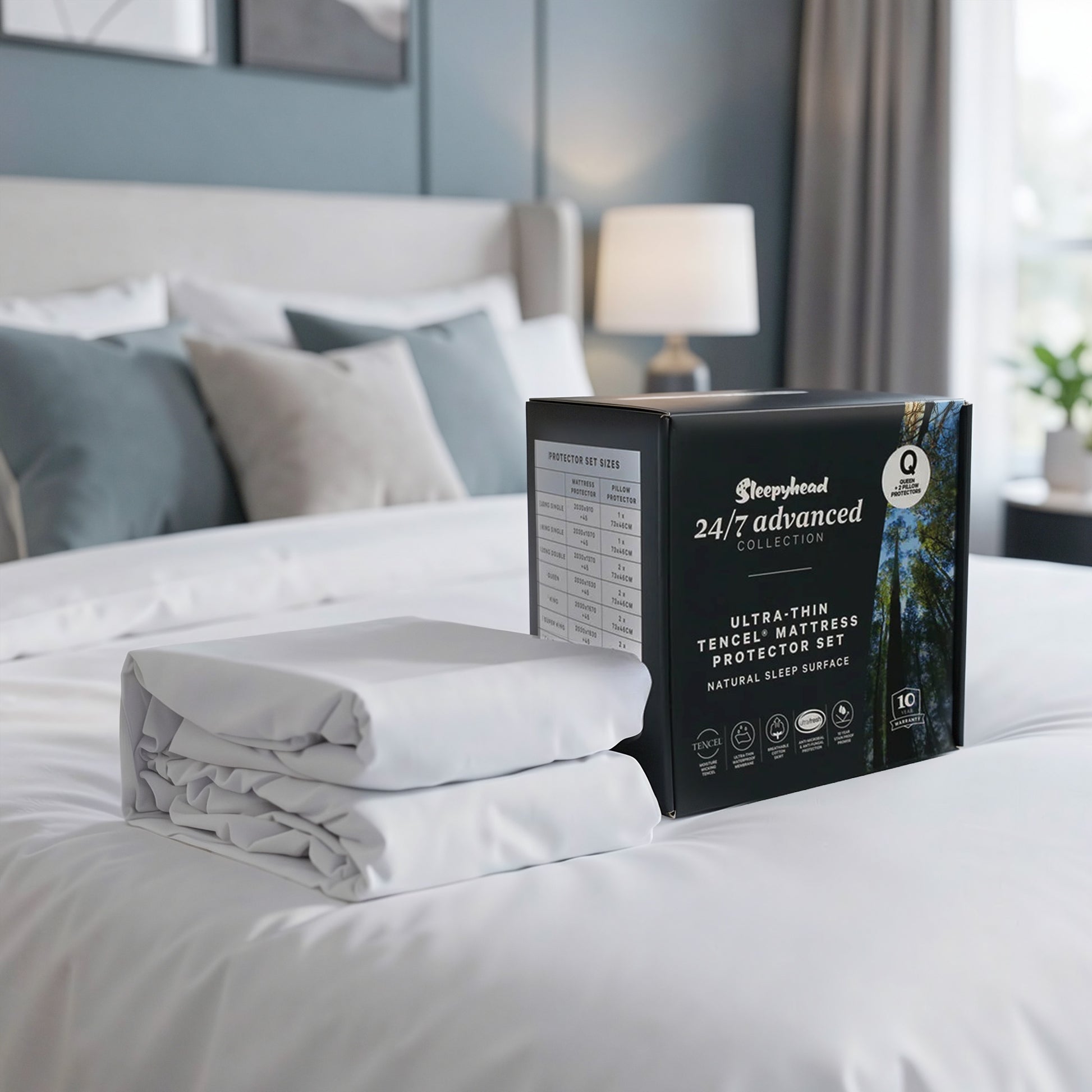 Sleepyhead mattress protector set packaging on a bed in a bedroom setting