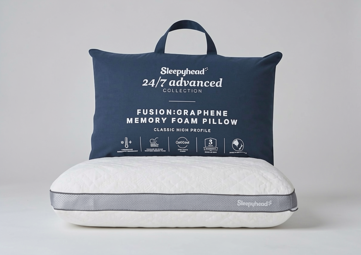 Sleepyhead 24/7 advanced collection pillow with packaging on a gray background