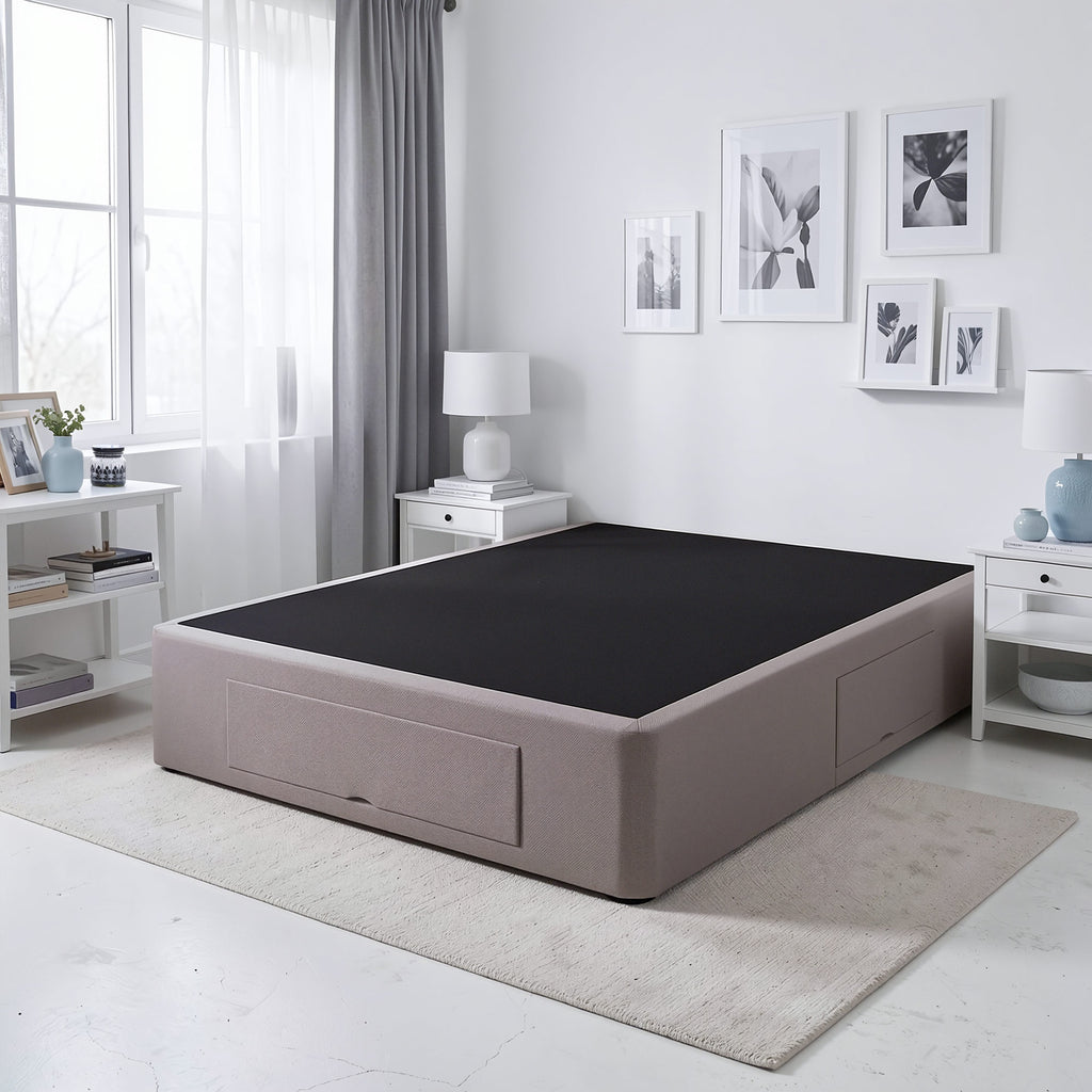 Bedroom with a Sleepyhead Drawer base and nightstands, featuring a neutral color scheme.