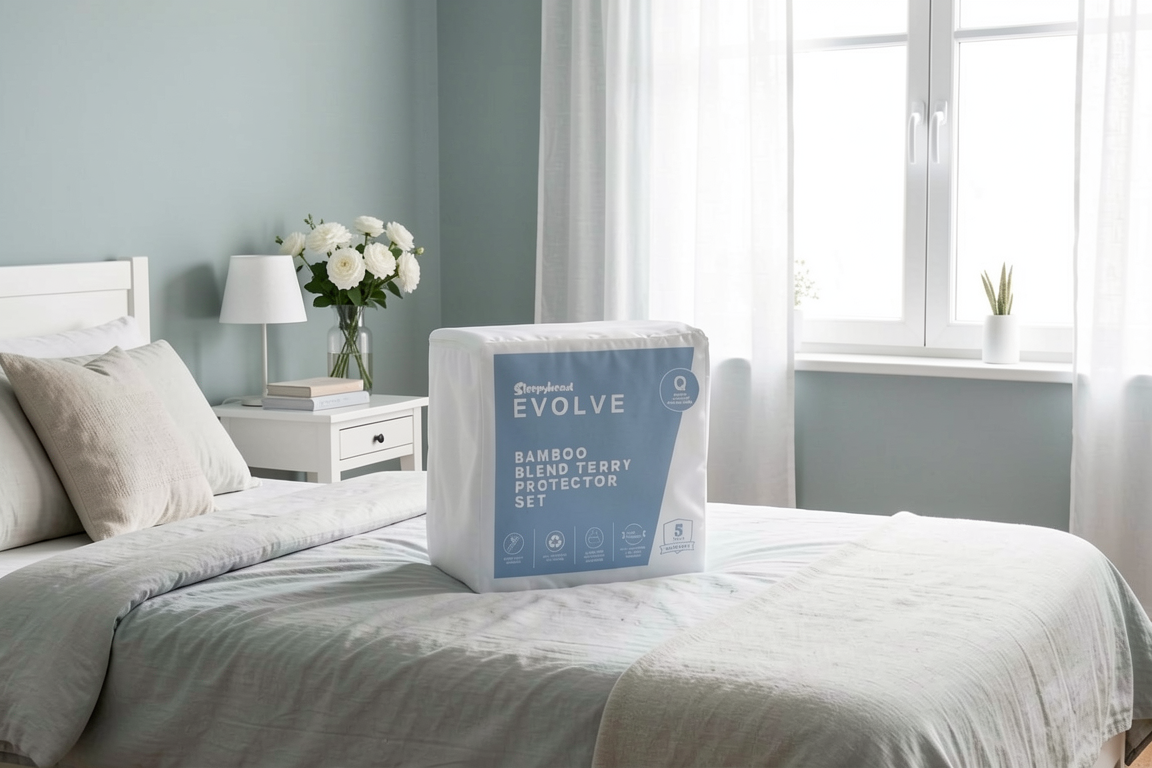 Packaged Sleepyhead Evolve Bamboo Blend Terry Protector Set on a bed in a bedroom setting