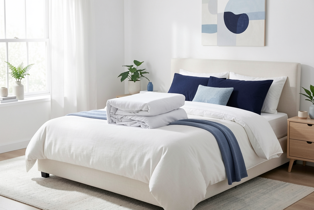Neatly made bed with a folded Sleepyhead Mattress Protector, white bedding and blue accent pillows in a bright bedroom.