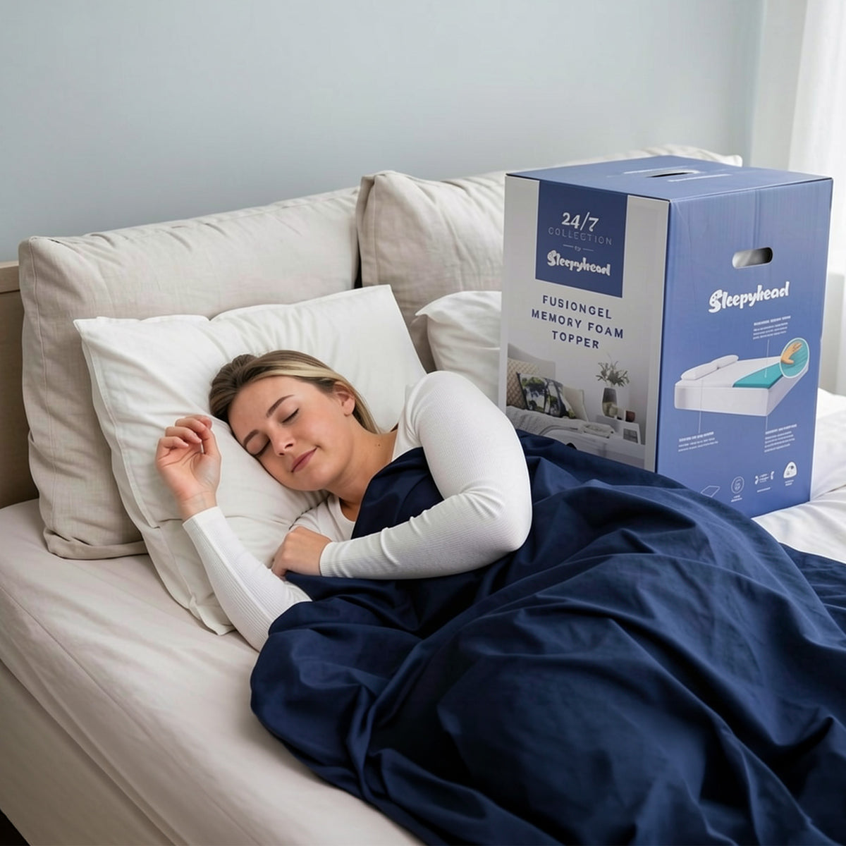 Woman sleeping on a bed with a Sleepyhead product box in the background