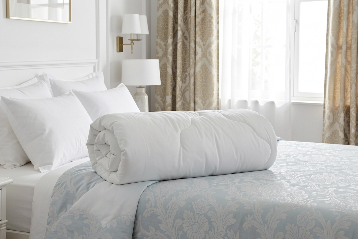Rolled Sleepyhead Hush duvet on a bed in a bedroom with decorative curtains and lamps.