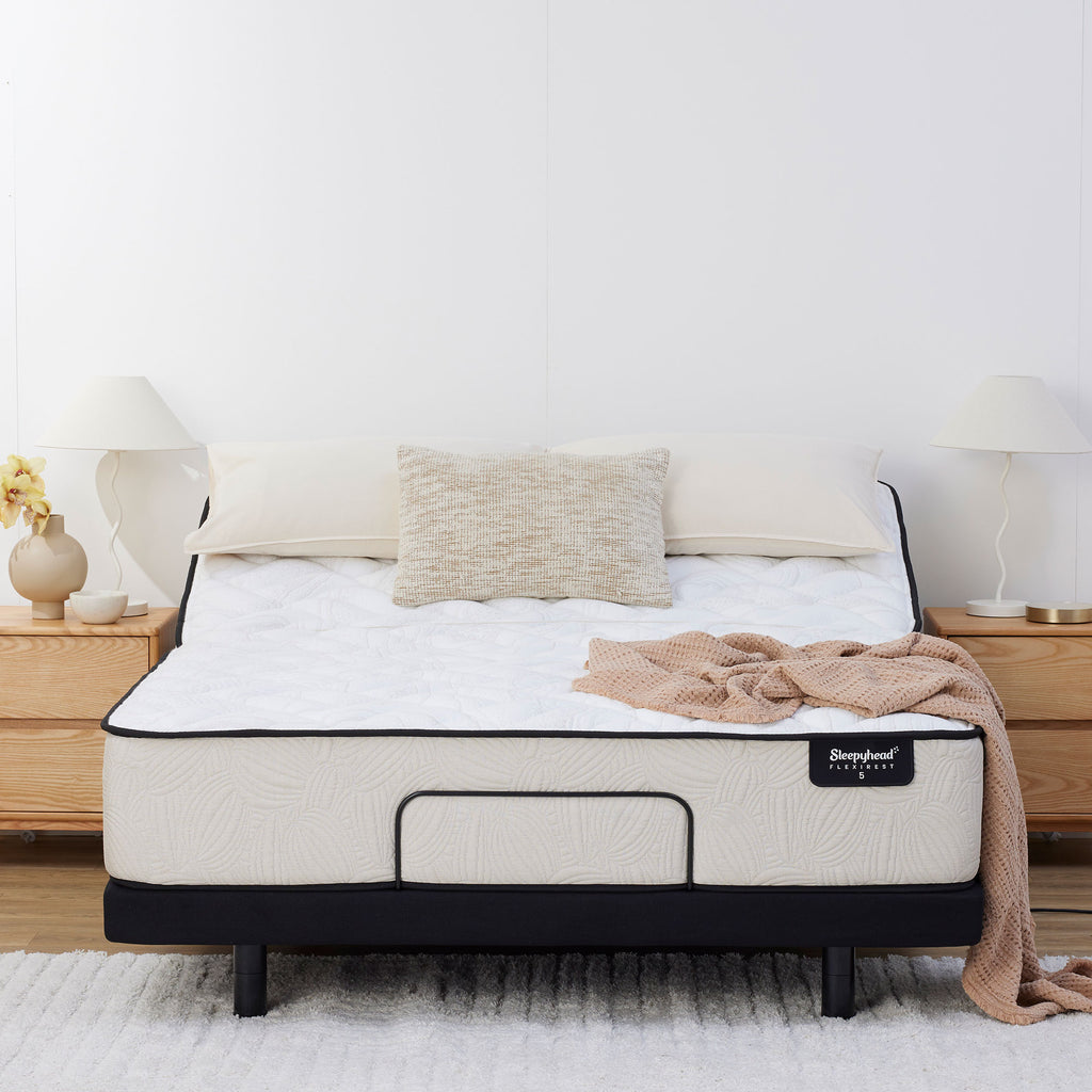 Sleepyhead Flexirest mattress and bedding on an adjustable base in a bedroom setting