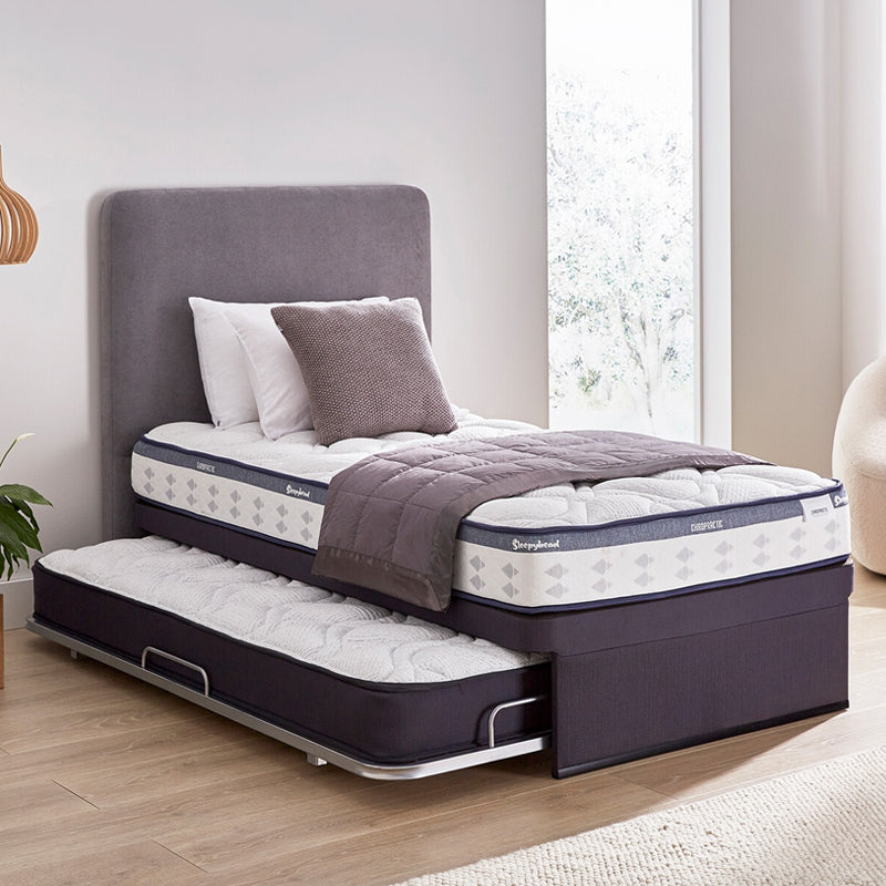 Sleepyhead Chiropractic bed with pull-out trundle in a room with a window and plant.