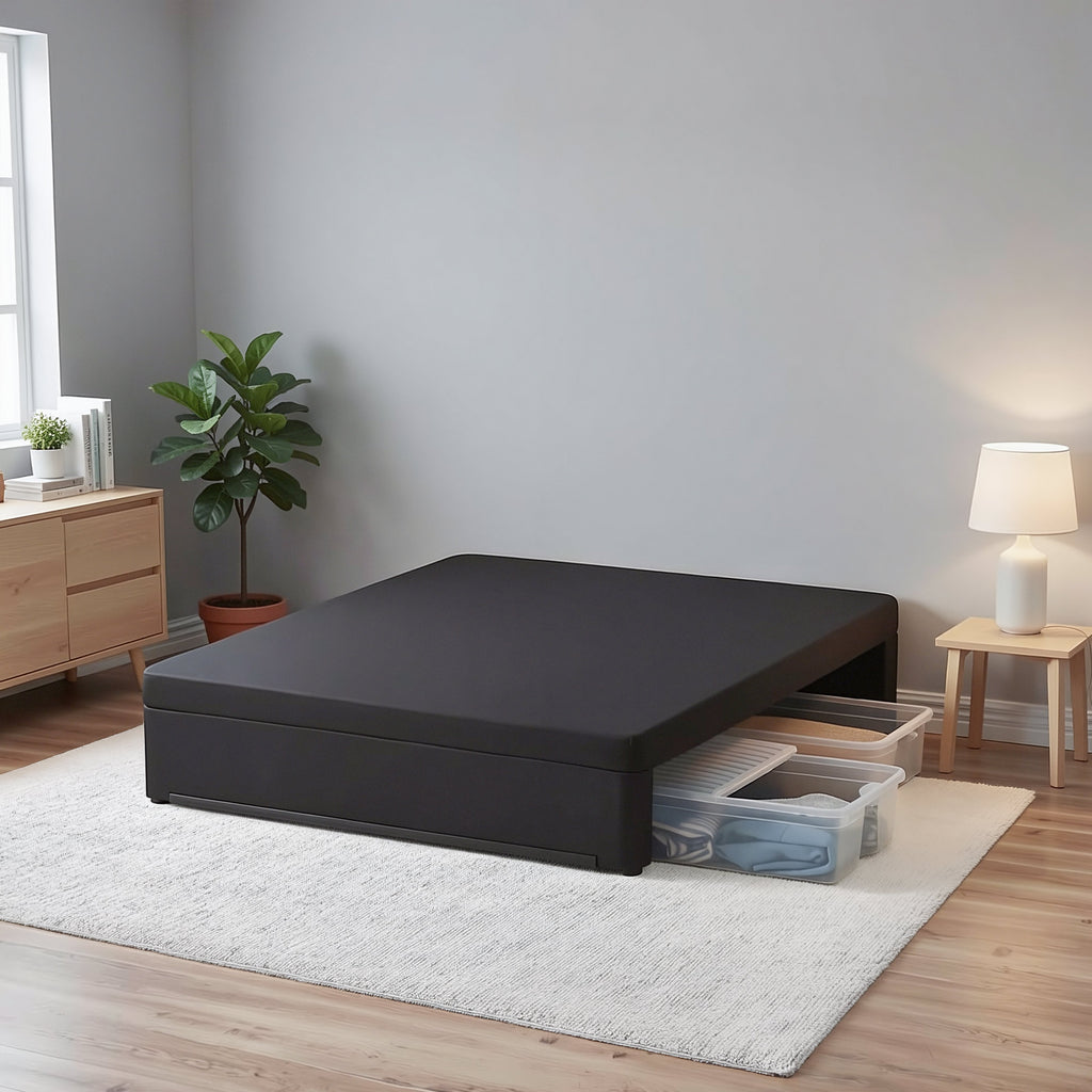 Sleepyhead Spacebase bed frame with storage drawers in a room with a plant and lamp.
