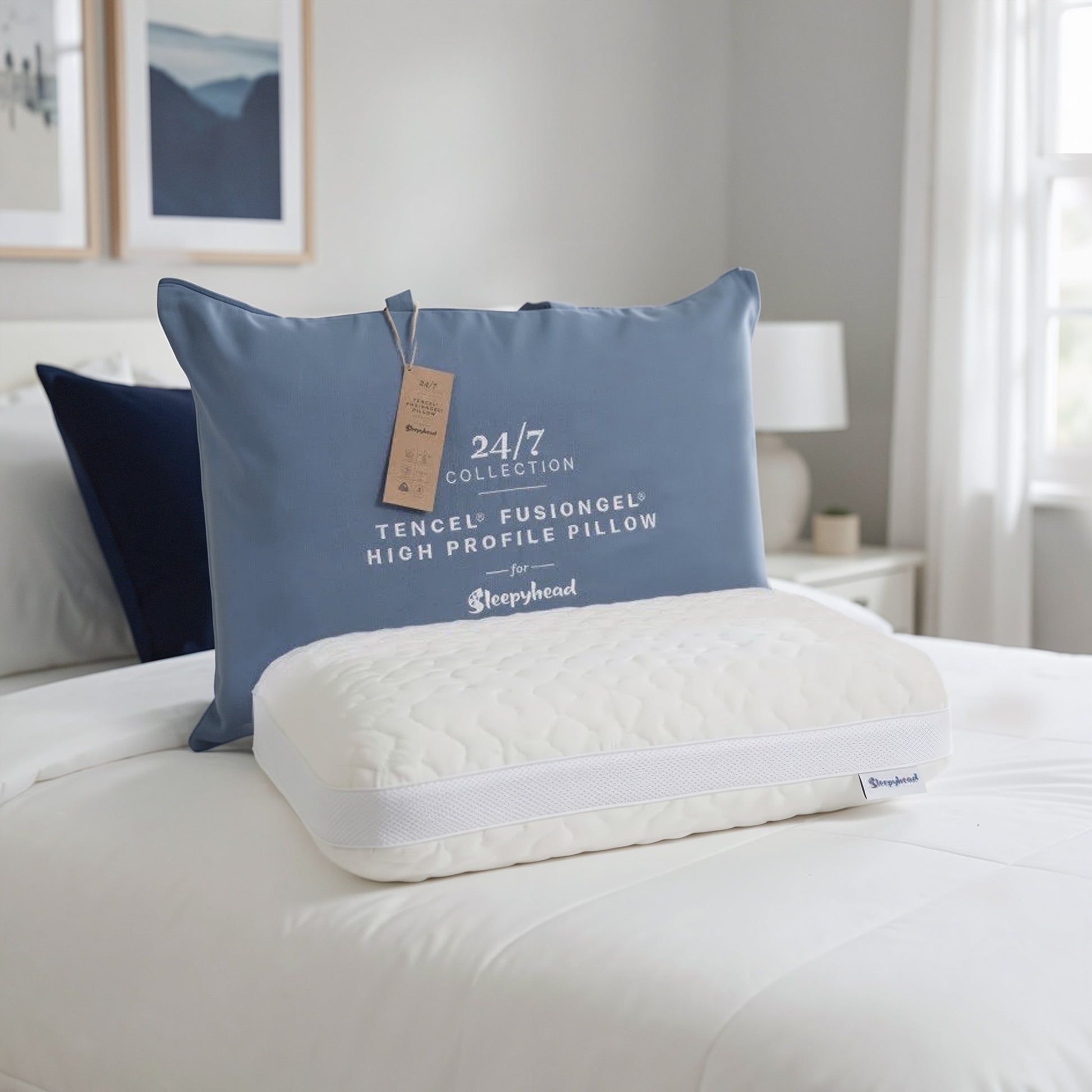 Sleepyhead Tencel FusionGel pillow with a tag on a bed in a bedroom setting