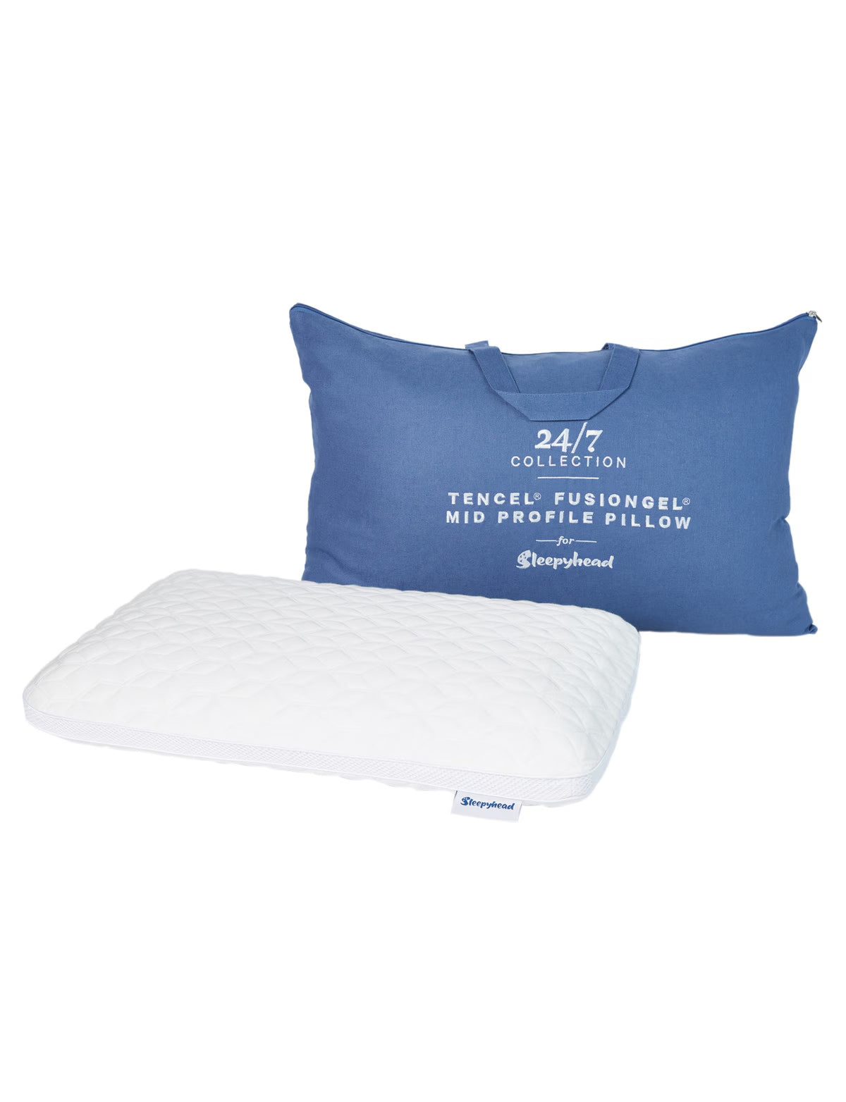 Blue and white pillows with '24/7 Collection' Sleepyhead branding on a white background