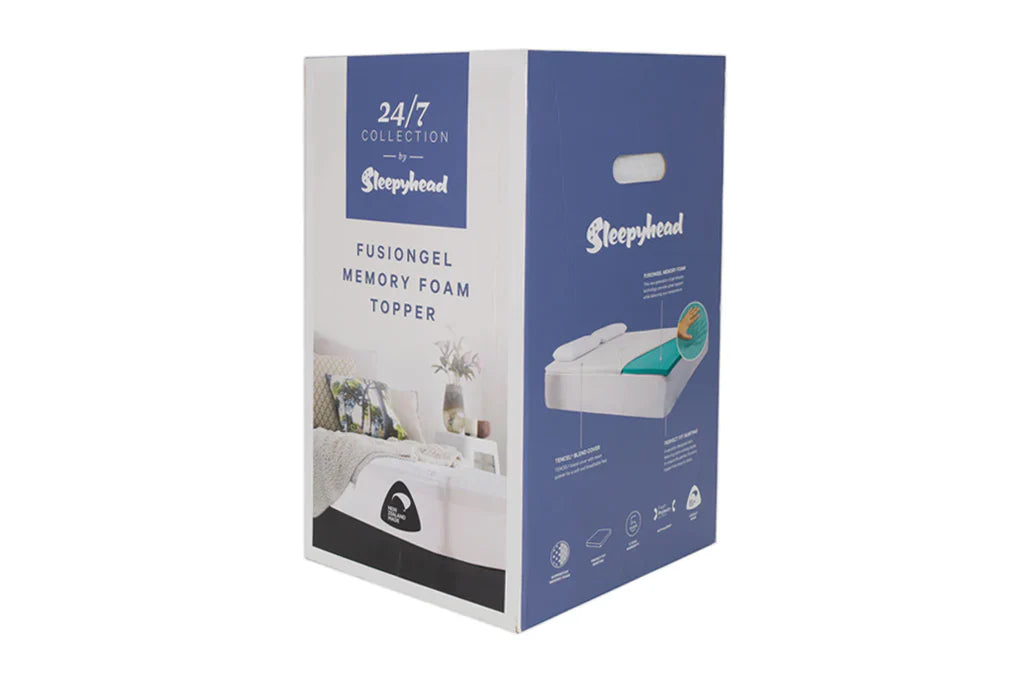 Sleepyhead packaging for a fusiongel memory foam topper on a white background