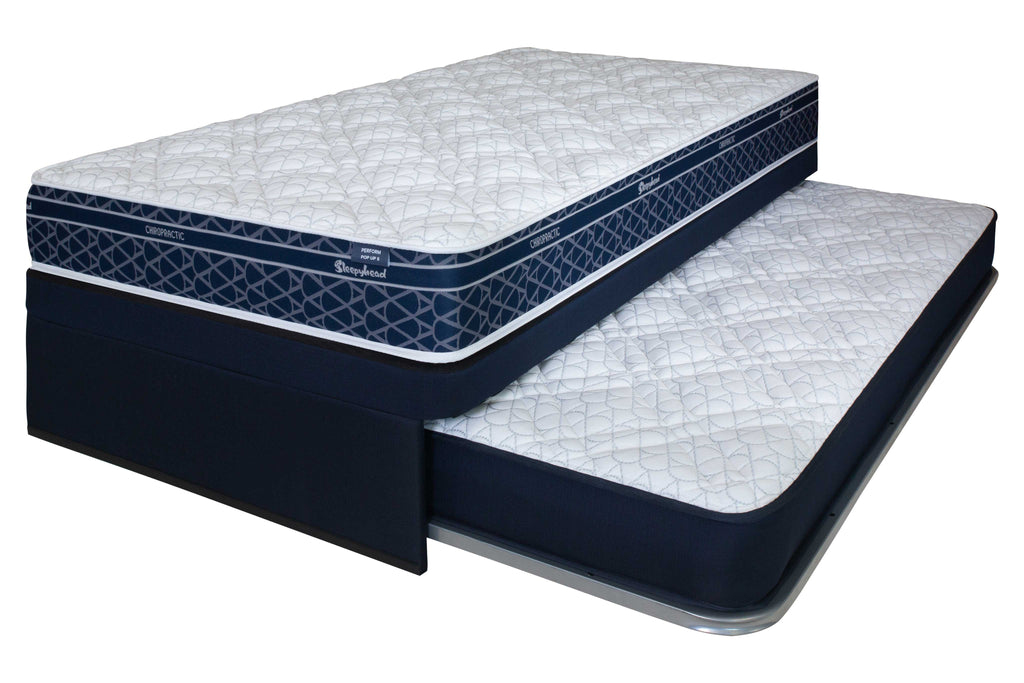 Sleepyhead Chiropractic trundler bed base and popup mattress on a white background